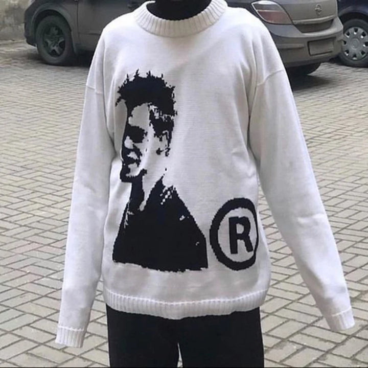 Men's sweaters Fashion Y2K Knitted Warm Loose Casual Portrait Print Long Sleeve Pullover Hip Hop Knitted Graphic Sweater