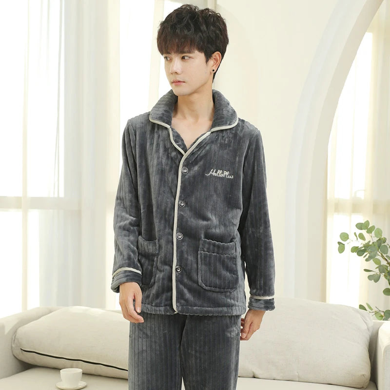 Men's Winter Thicken Flannel Plus Plush Warm Sleepwear 3XL Casual Comfortable High Quality Soft Sriped Pajama Sets Home Clothes