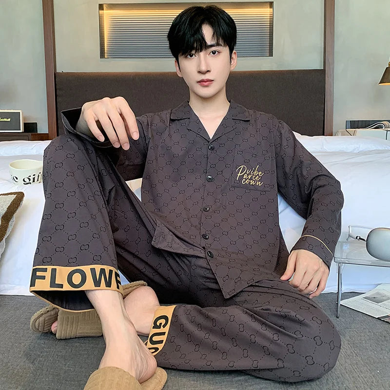 Black Luxurious Men Pajamas Set Autumn Winter Long Sleeves Long Pants Casual Sleepwear Soft Pyjamas Cozy Pijamas Adult Pjs Sleep