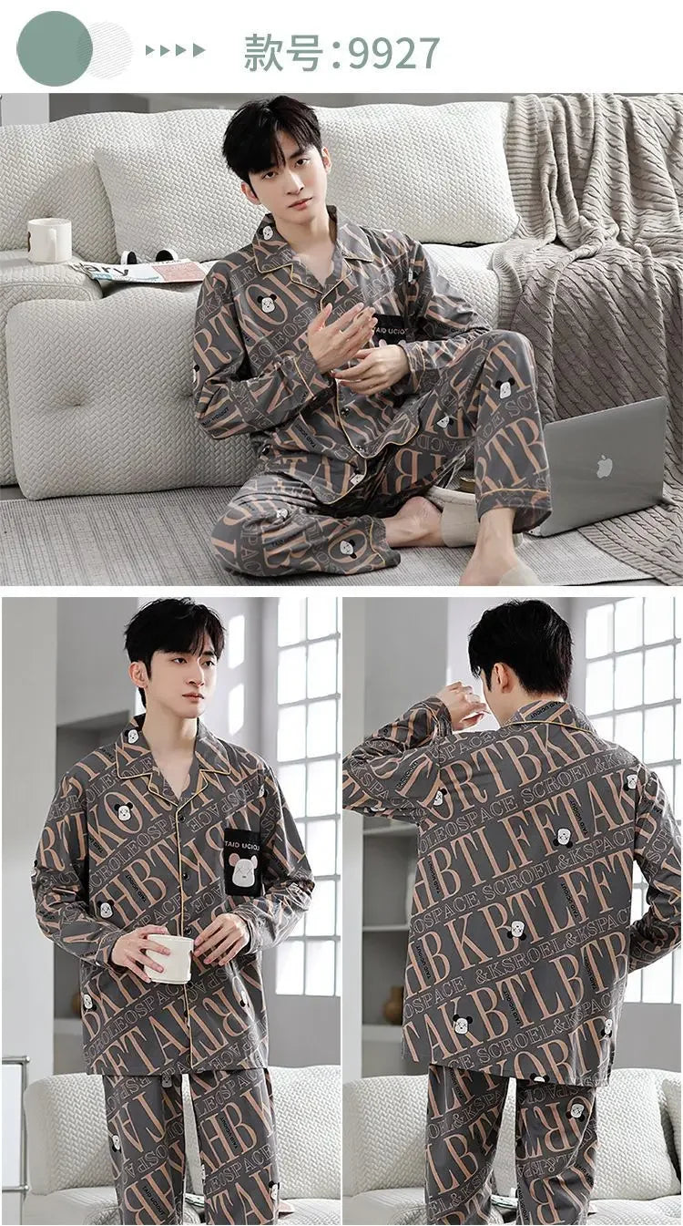 Fall 100% Cotton Pajamas Men's Comfortable Long-sleeved Plus Size Home Wear Suit Teenagers Leisure Outdoor Can Be Worn Outside