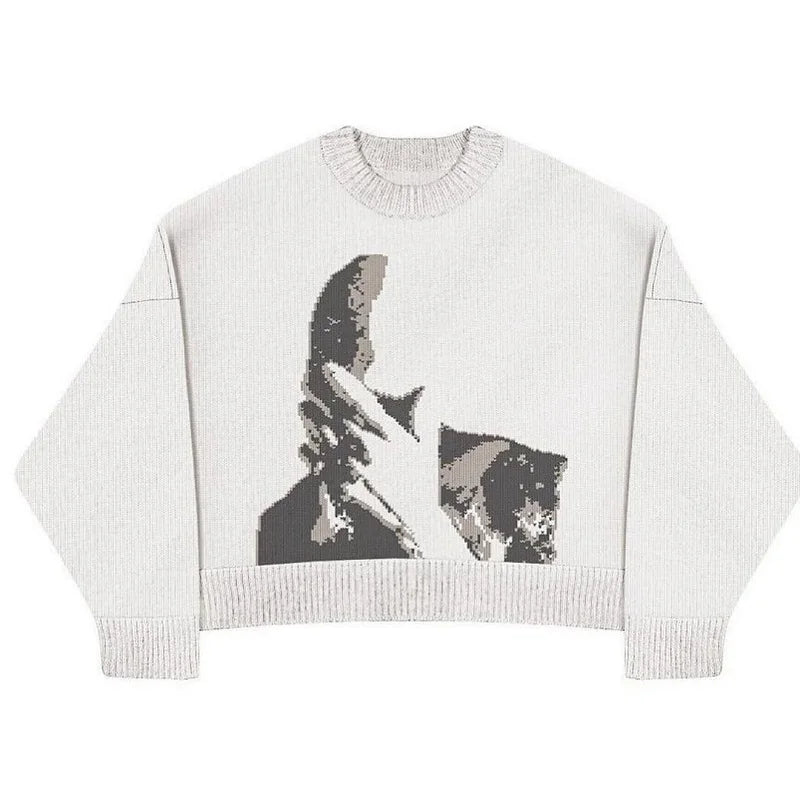 Women's Knitting Gothic Anime Print Pattern O Neck Pullover Sweater Streetwear Girls Oversized Harajuku Knitwear Men's Y2k