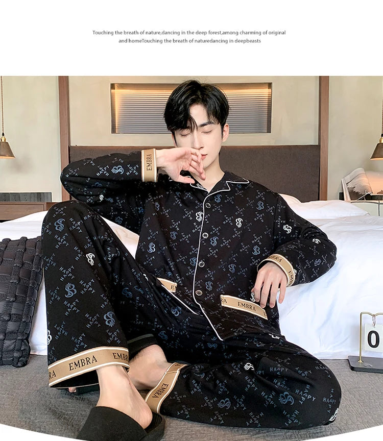 Black Luxurious Men Pajamas Set Autumn Winter Long Sleeves Long Pants Casual Sleepwear Soft Pyjamas Cozy Pijamas Adult Pjs Sleep