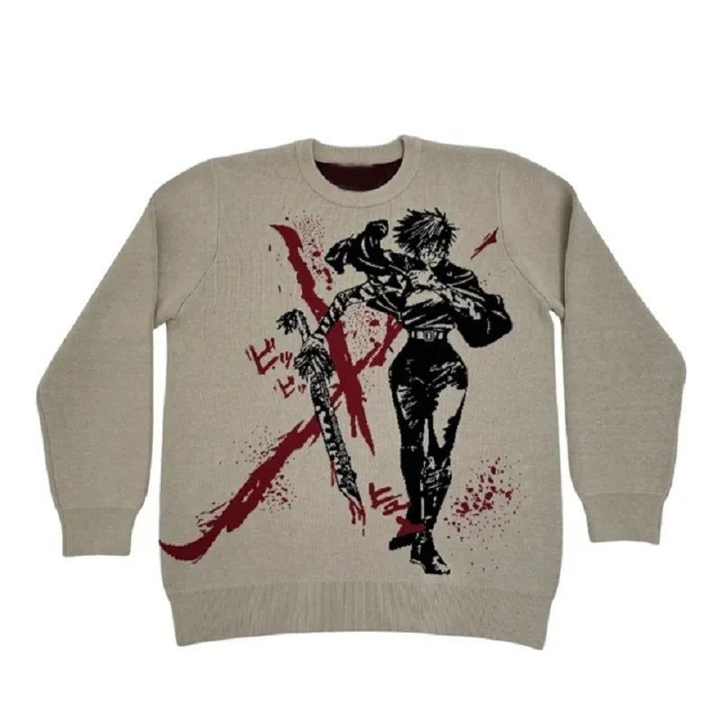 New Hip Hop Gothic Dark Anime Print Streetwear Knitted Sweater Men  Pullover Autumn Harajuku Sweater Women Oversized Sweate