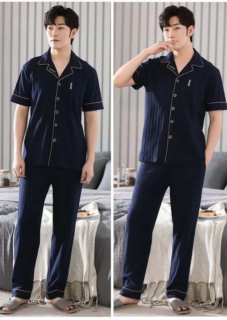 Big Size Cotton Sleepwear Men Short Sleeve Cardigan Trouser Pajama Sets Button Homewear Loungewear Sets Loose Korean Sportswear