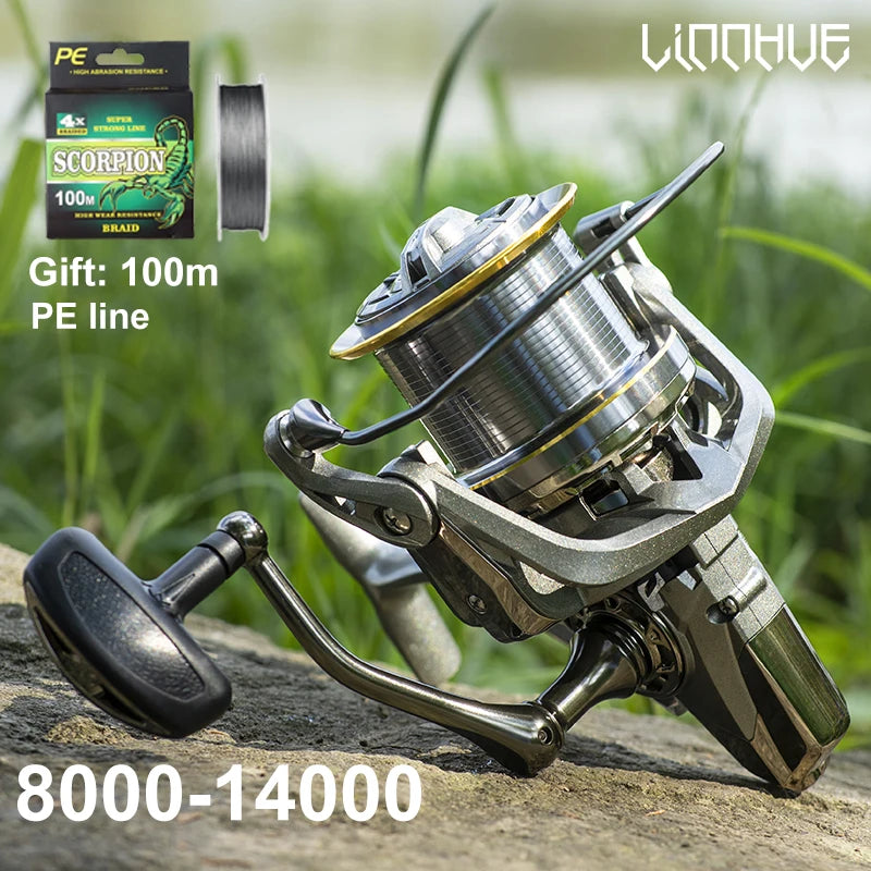 LINNHUE Big Spinning Fishing Reel 8000-14000 9000 10000 12000 Max Drag 20KG Sea Reel  Free Line Saltwater Freshwater Fish Pesca