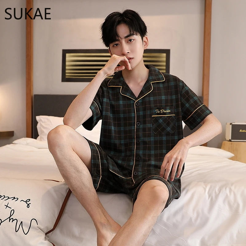 SUKAE Plaid Pyjamas Men Cardigan Lapeled Gentleman's Home Wear Summer Shorts Cotton Lounge Wear Plus Size L-5XL Pyjama Sleepwear