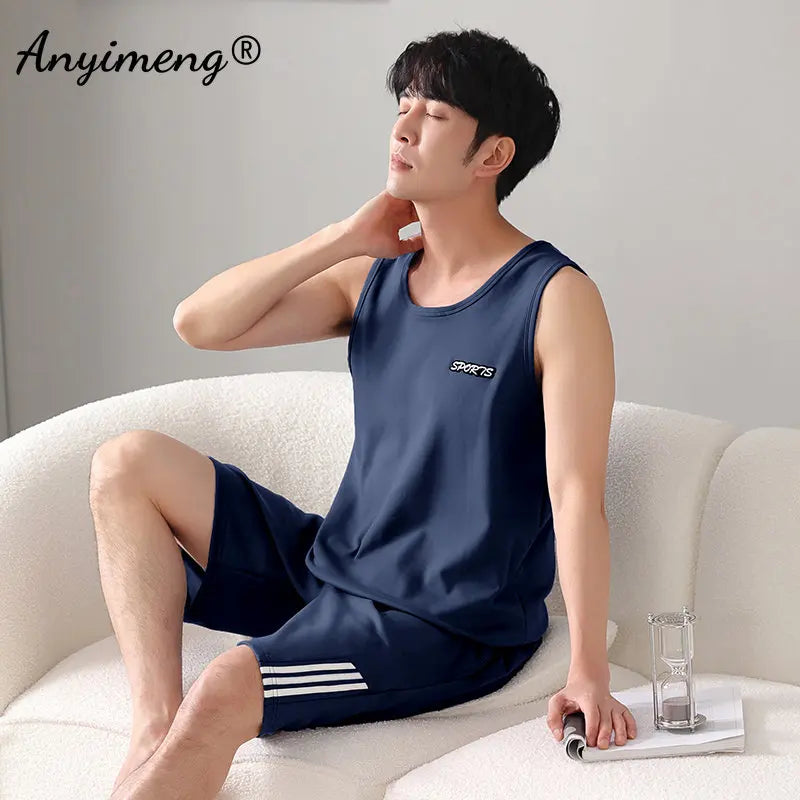 Plus Size 4XL 5XL 6XL 7XL Sleeveless Summer Pajamas Set Plain Men's Nightwear Knitted Cotton Homewear Vest Pijamas for Men