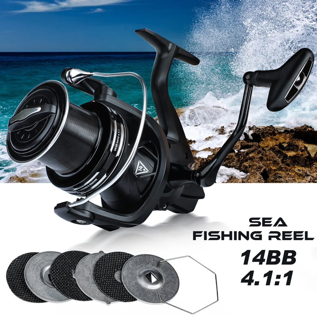 Sougayilang 14BB Metal Spinning Fishing Reel Max Drag 15kg 4.1:1 High Speed Carbon Fiber Drag System Reel Carp Fishing Tackle