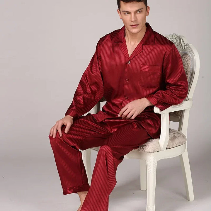 Silk Satin Pajamas for Men Sleepwear Cozy Soft Print Long Sleeve Nightgown Tops+ Trousers Two Pieces Mens Pajama Set