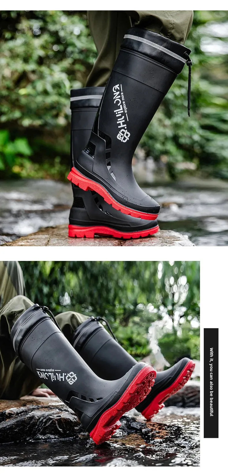 Men's Fashionable InsTrendy Waterproof Non-slip High Top Rain Boots With Thick Sole And Wear-Resistant Rubber Shoes For Fishing