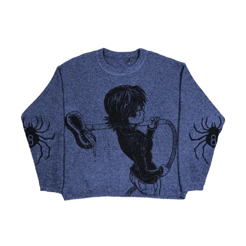 New Hip Hop Gothic Dark Anime Print Streetwear Knitted Sweater Men  Pullover Autumn Harajuku Sweater Women Oversized Sweate