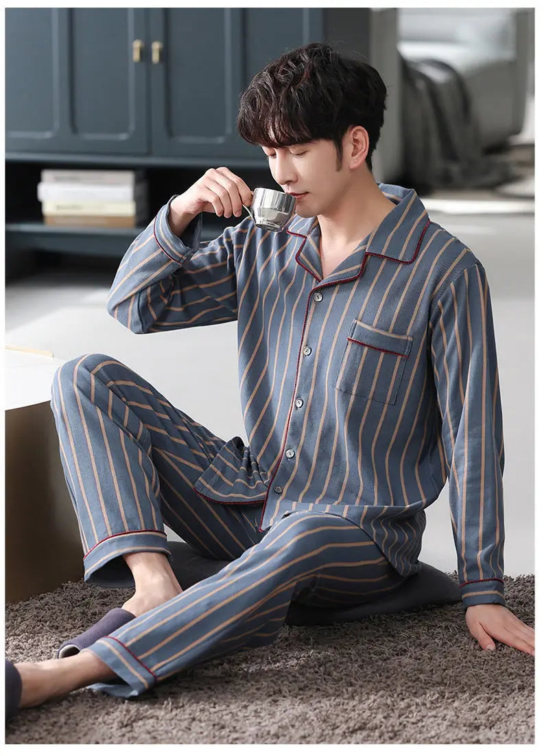 100% Cotton Men's Fall and Winter Long-Sleeved Long Pants Middle-Aged Thin Section of Pajamas Sleepwear Homewear Suit Loungewear