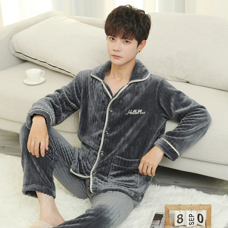 Men's Winter Thicken Flannel Plus Plush Warm Sleepwear 3XL Casual Comfortable High Quality Soft Sriped Pajama Sets Home Clothes