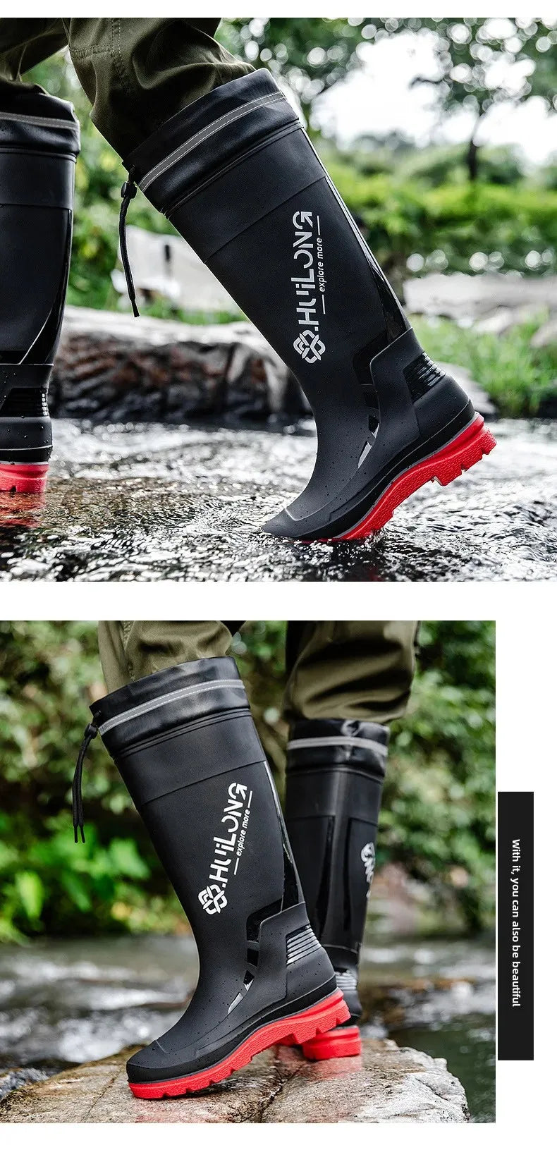 Men's Fashionable InsTrendy Waterproof Non-slip High Top Rain Boots With Thick Sole And Wear-Resistant Rubber Shoes For Fishing