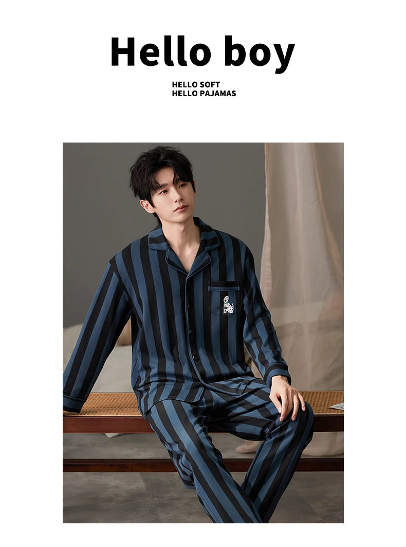 SUKAE Casual Mens Pijama Faux Cotton Soft Nightwear Autumn Spring Homesuit Gentleman Turn-down Collar Sleepwear Boys Pajamas