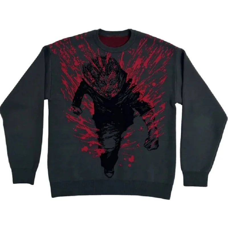 New Hip Hop Gothic Dark Anime Print Streetwear Knitted Sweater Men  Pullover Autumn Harajuku Sweater Women Oversized Sweate