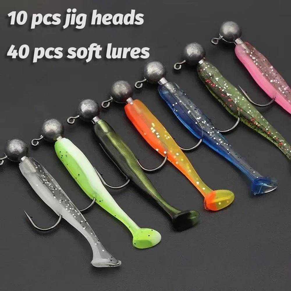 50PCS/Box Metal Jig Bait 5.5cm 7cm 10cm Soft Lure 3g 5g 7g 10g 14g Jigging Head Hook Fishing Box Pesca Swimbait Sinking Lure Kit