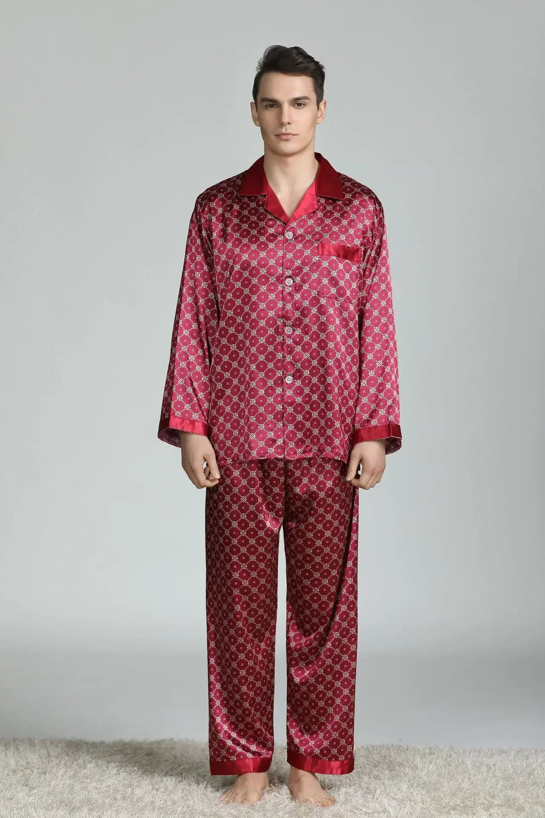 Silk Satin Pajamas for Men Sleepwear Cozy Soft Print Long Sleeve Nightgown Tops+ Trousers Two Pieces Mens Pajama Set