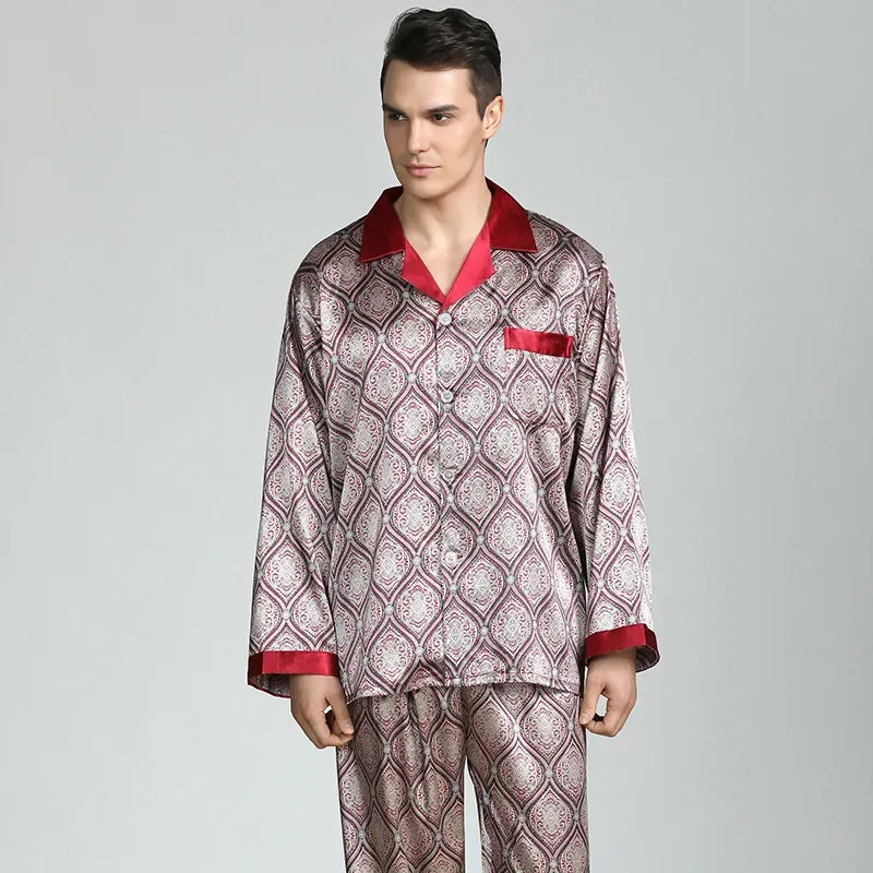 Silk Satin Pajamas for Men Sleepwear Cozy Soft Print Long Sleeve Nightgown Tops+ Trousers Two Pieces Mens Pajama Set