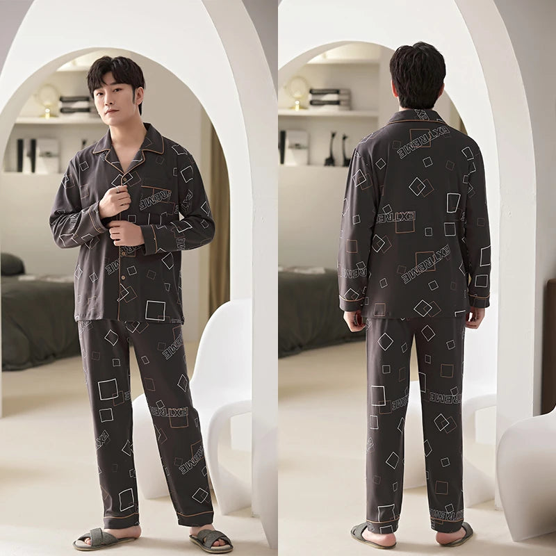 L-5XL Plus Size Faux Cotton Print Men's Pajamas Korean Ins Autumn Y2k Male Nightwear 2024 New Big Size Long Sleeve+pant Home Set