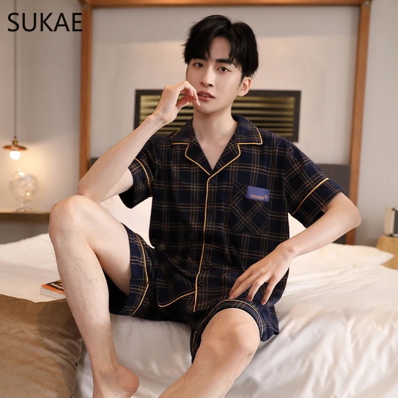 SUKAE Plaid Pyjamas Men Cardigan Lapeled Gentleman's Home Wear Summer Shorts Cotton Lounge Wear Plus Size L-5XL Pyjama Sleepwear