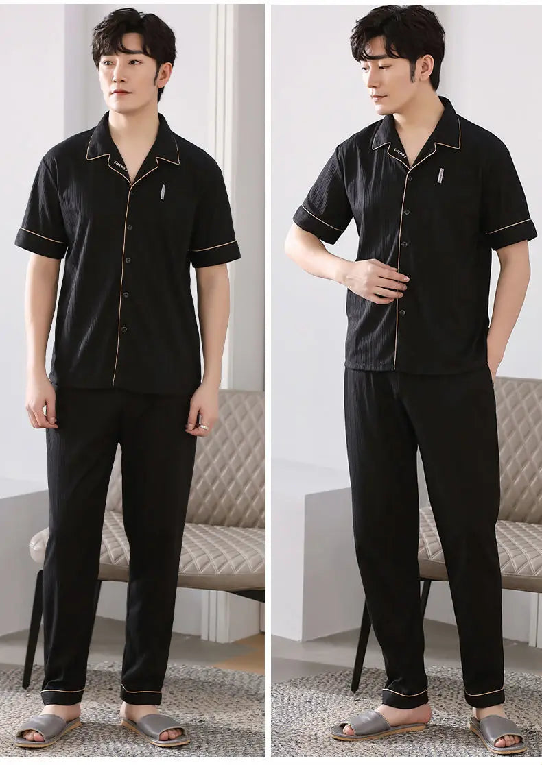 Big Size Cotton Sleepwear Men Short Sleeve Cardigan Trouser Pajama Sets Button Homewear Loungewear Sets Loose Korean Sportswear