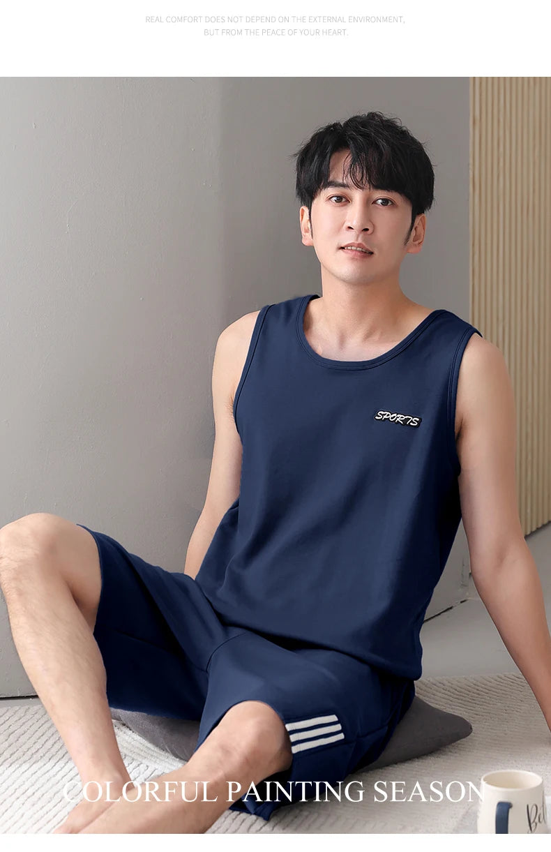 Plus Size 4XL 5XL 6XL 7XL Sleeveless Summer Pajamas Set Plain Men's Nightwear Knitted Cotton Homewear Vest Pijamas for Men