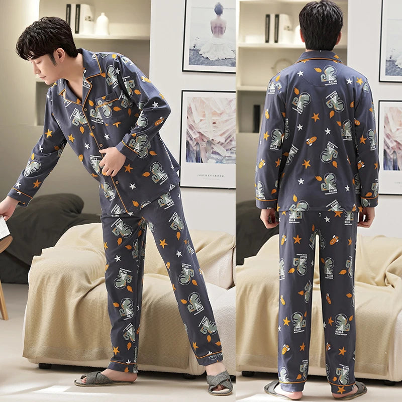 L-5XL Plus Size Faux Cotton Print Men's Pajamas Korean Ins Autumn Y2k Male Nightwear 2024 New Big Size Long Sleeve+pant Home Set