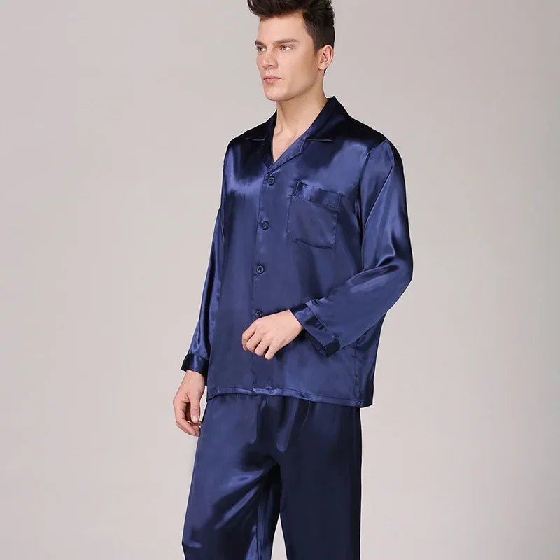 Silk Satin Pajamas for Men Sleepwear Cozy Soft Print Long Sleeve Nightgown Tops+ Trousers Two Pieces Mens Pajama Set