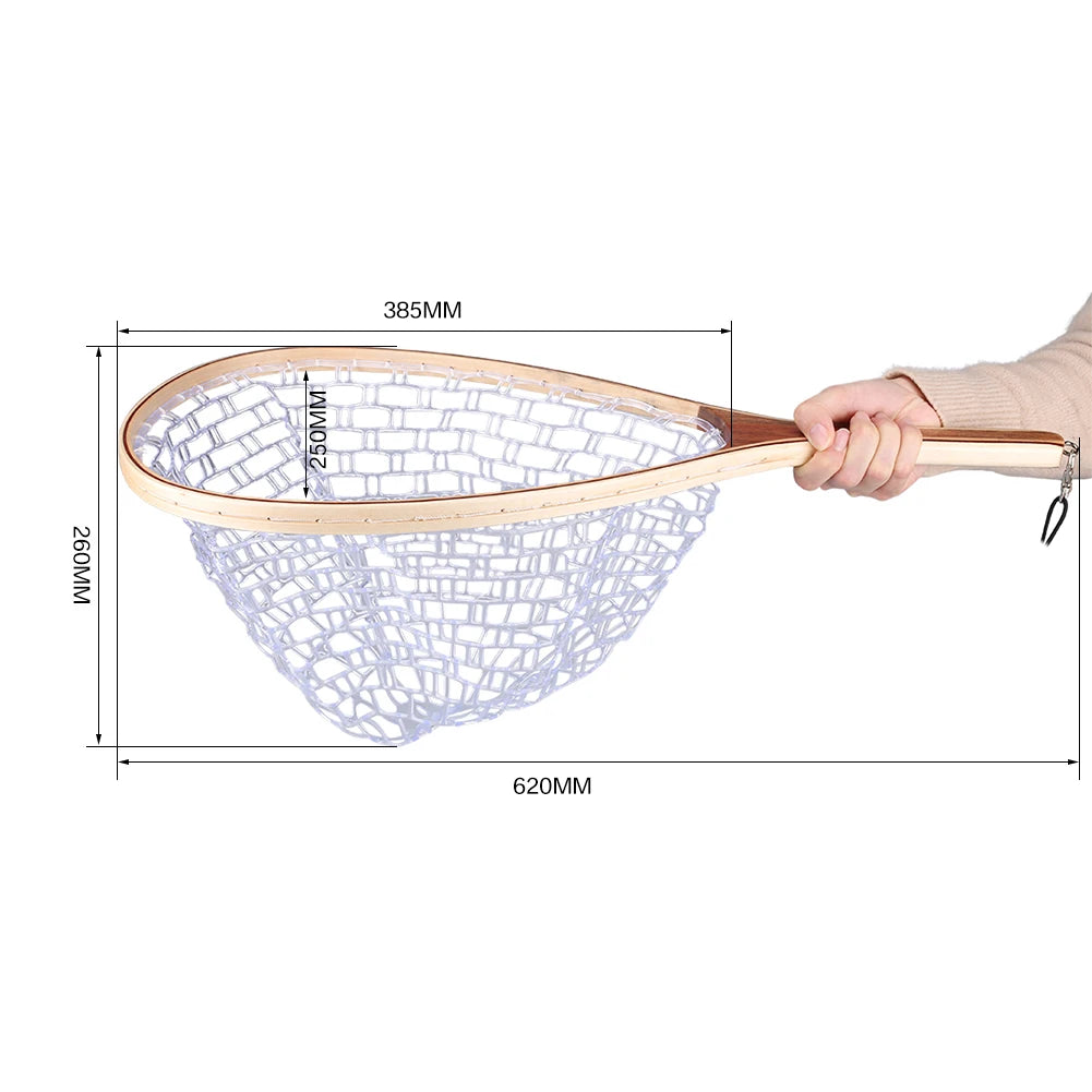 Fly Fishing Landing Nets Wooden Handle Transparent Rubber/Nylon Mesh Trout Mesh Fish Catch Release Stream River Fishing Tool