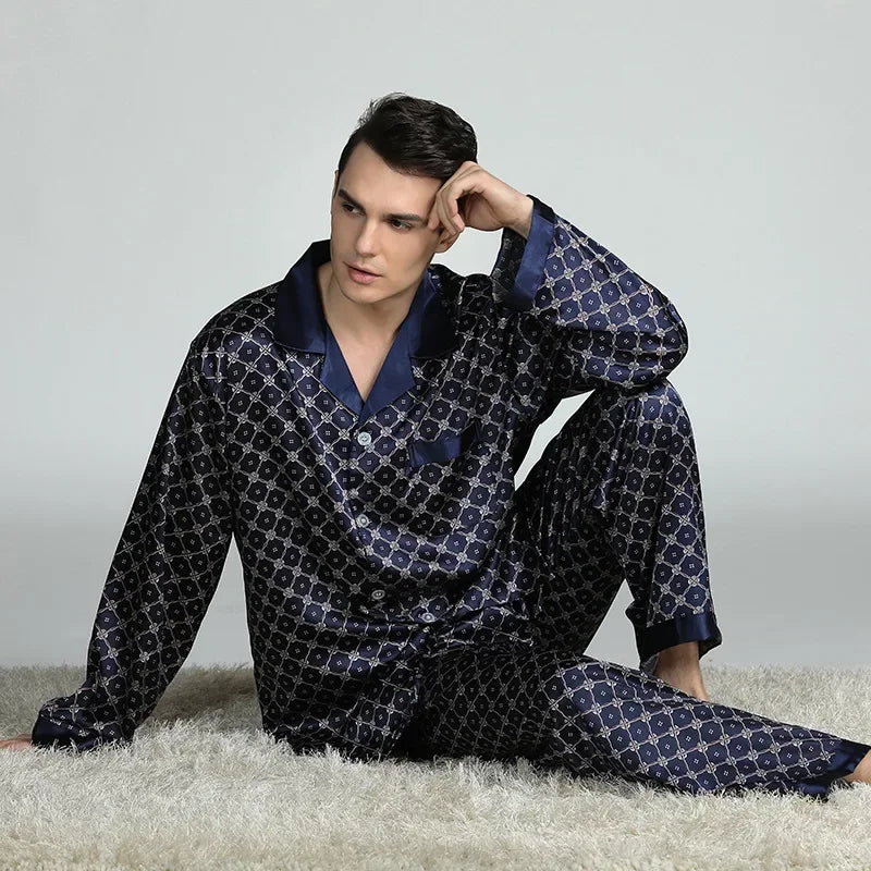 Silk Satin Pajamas for Men Sleepwear Cozy Soft Print Long Sleeve Nightgown Tops+ Trousers Two Pieces Mens Pajama Set