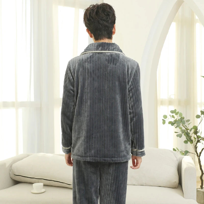 Men's Winter Thicken Flannel Plus Plush Warm Sleepwear 3XL Casual Comfortable High Quality Soft Sriped Pajama Sets Home Clothes