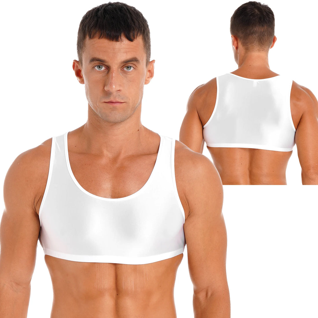 Men's Glossy Sleeveless Crop Tank Tops Vest Muscle Half T-Shirt Undershirt for Gym Sport Workout Training Exercise Bodybuilding