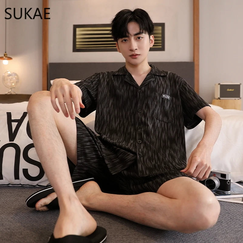 SUKAE Plaid Pyjamas Men Cardigan Lapeled Gentleman's Home Wear Summer Shorts Cotton Lounge Wear Plus Size L-5XL Pyjama Sleepwear