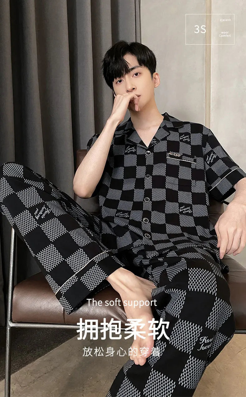 Summer Knitted Plaid Men's Pyjamas Plus 4XL Pajama Sets Casual Pjs Lounge Masculine Sleepwear Nightwear Pijamas Homewear Fashion