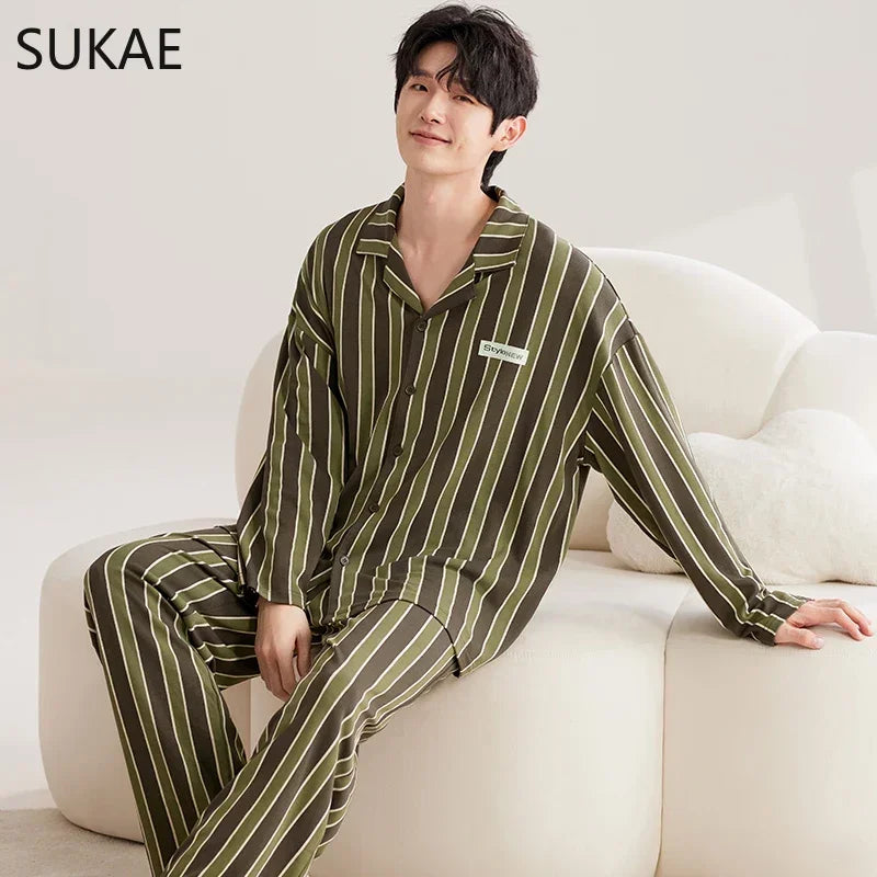 SUKAE Casual Mens Pijama Faux Cotton Soft Nightwear Autumn Spring Homesuit Gentleman Turn-down Collar Sleepwear Boys Pajamas