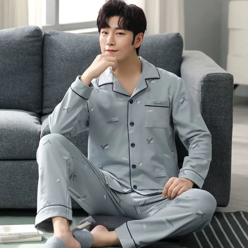 Cotton Cartoon Elephant Men's Pajamas Long-Sleeved Cardigan Sleepwear Loungewear Young and Middle-Aged Students Casual Homewear