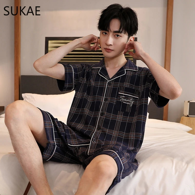 SUKAE Plaid Pyjamas Men Cardigan Lapeled Gentleman's Home Wear Summer Shorts Cotton Lounge Wear Plus Size L-5XL Pyjama Sleepwear