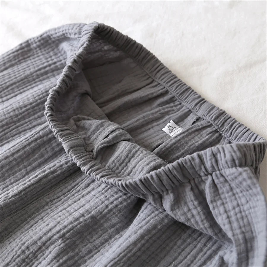 2024 New Summer Men Pajamas Suit Cotton Crepe Gauze Solid Color Simple Short-sleeved Shirt Shorts Sleepwear Men's Loungewear