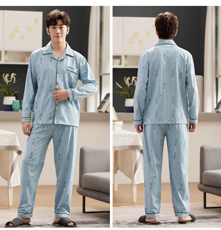 L-5XL Plus Size Faux Cotton Print Men's Pajamas Korean Ins Autumn Y2k Male Nightwear 2024 New Big Size Long Sleeve+pant Home Set