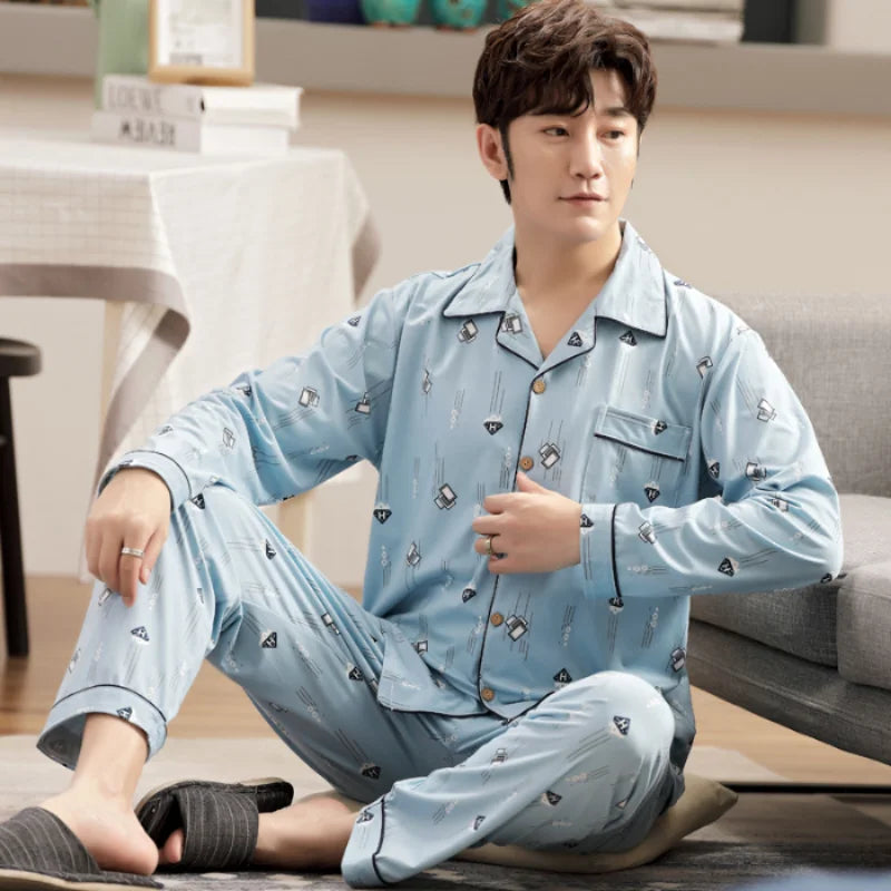 L-5XL Plus Size Faux Cotton Print Men's Pajamas Korean Ins Autumn Y2k Male Nightwear 2024 New Big Size Long Sleeve+pant Home Set