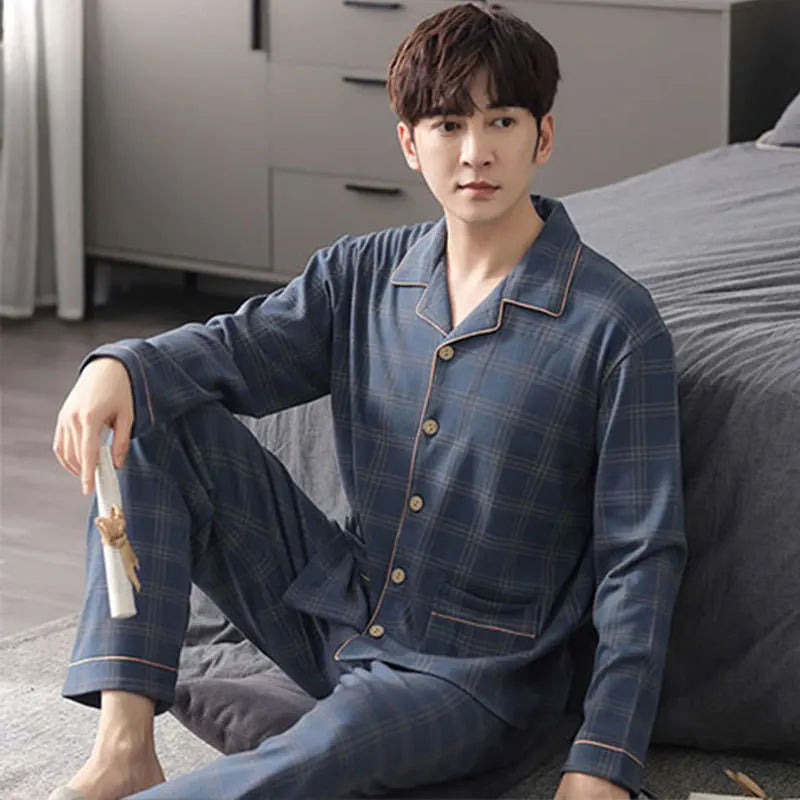 Cotton Cartoon Elephant Men's Pajamas Long-Sleeved Cardigan Sleepwear Loungewear Young and Middle-Aged Students Casual Homewear