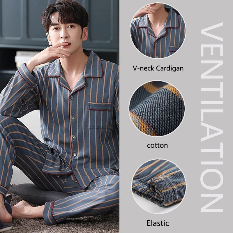 100% Cotton Men's Fall and Winter Long-Sleeved Long Pants Middle-Aged Thin Section of Pajamas Sleepwear Homewear Suit Loungewear