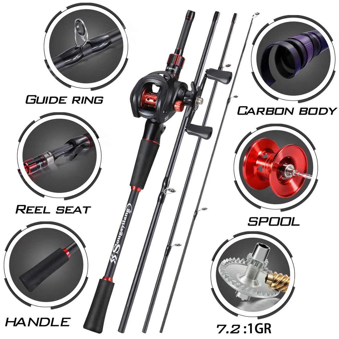 Sougayilang Fishing Rod Reel Combo 1.8~2.1m Carbon Fiber Casting Rod and 7.2:1 Gear Ratio Baitcasting Ree Max Drag 10kg for Bass