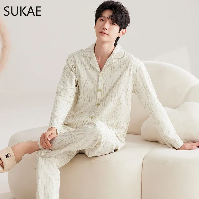 SUKAE Casual Mens Pijama Faux Cotton Soft Nightwear Autumn Spring Homesuit Gentleman Turn-down Collar Sleepwear Boys Pajamas