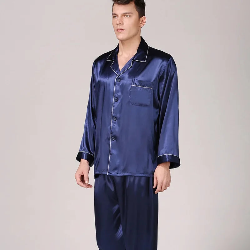 Silk Satin Pajamas for Men Sleepwear Cozy Soft Print Long Sleeve Nightgown Tops+ Trousers Two Pieces Mens Pajama Set