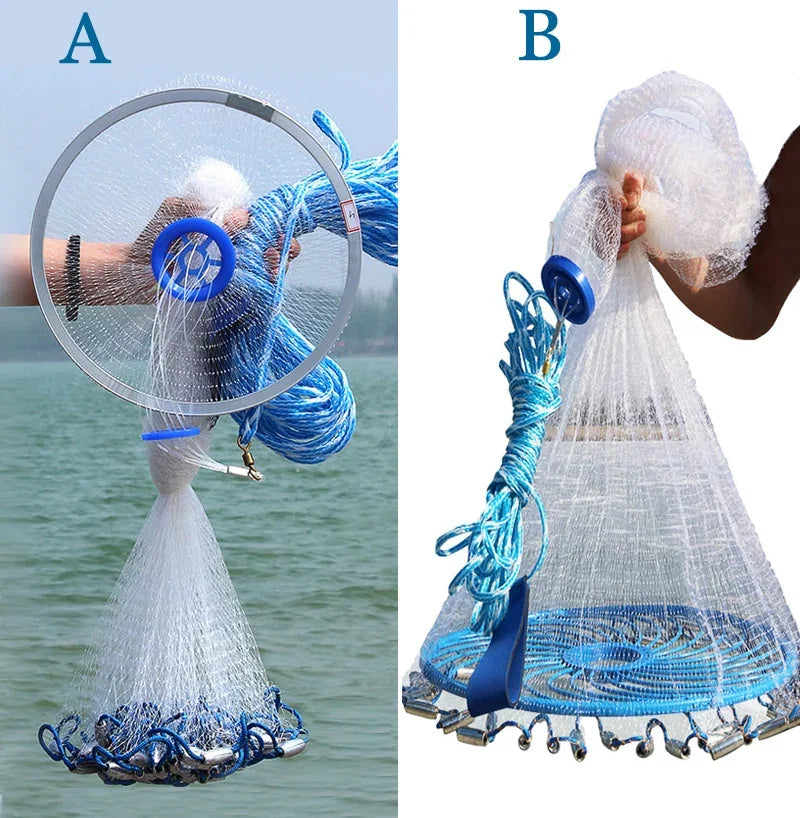 Lawaia Hand Cast Net Aluminum or Blue Plastic Ring Folding Network Steel Pendant Monofilament Nylon Fishing Line Fishnet