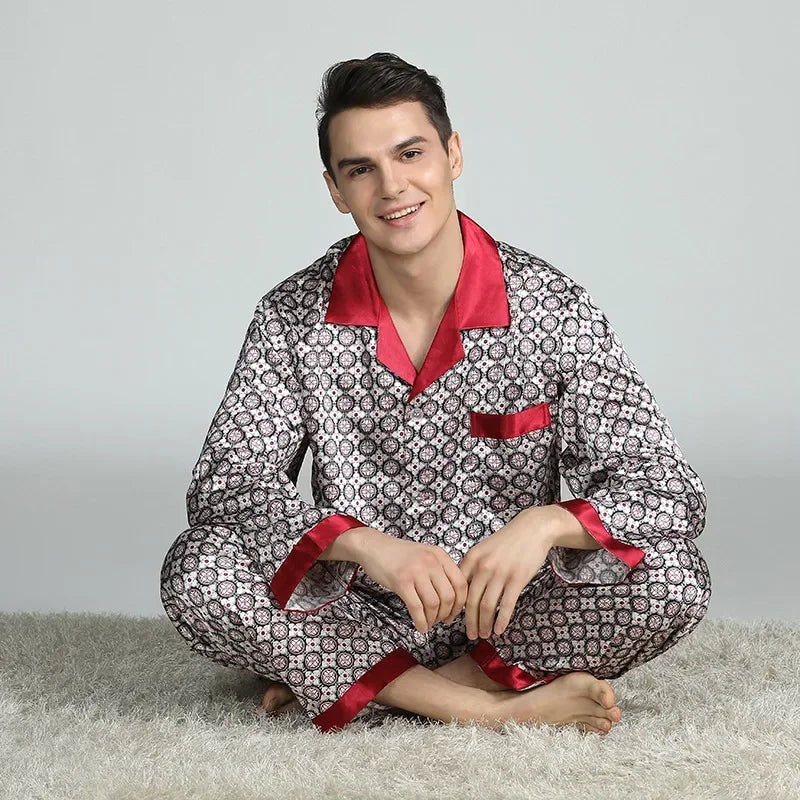 Silk Satin Pajamas for Men Sleepwear Cozy Soft Print Long Sleeve Nightgown Tops+ Trousers Two Pieces Mens Pajama Set