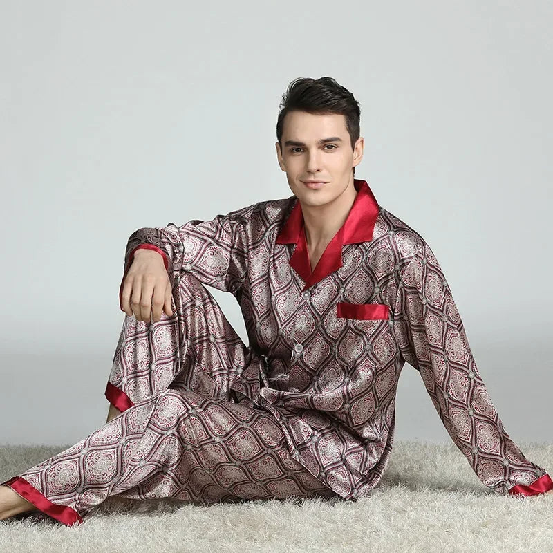 Silk Satin Pajamas for Men Sleepwear Cozy Soft Print Long Sleeve Nightgown Tops+ Trousers Two Pieces Mens Pajama Set