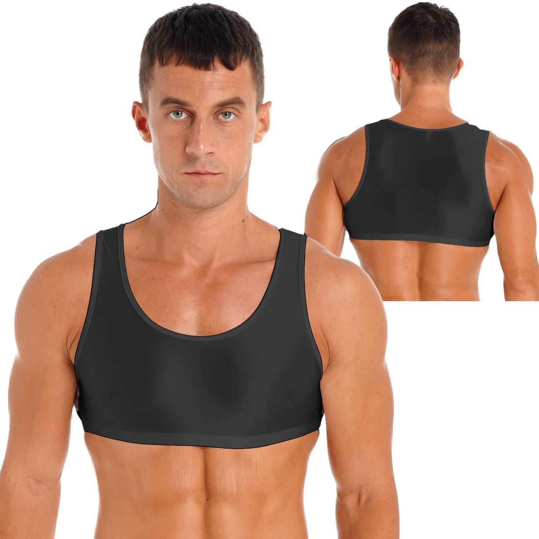 Men's Glossy Sleeveless Crop Tank Tops Vest Muscle Half T-Shirt Undershirt for Gym Sport Workout Training Exercise Bodybuilding